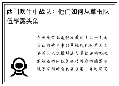 西门吹牛中战队：他们如何从草根队伍崭露头角