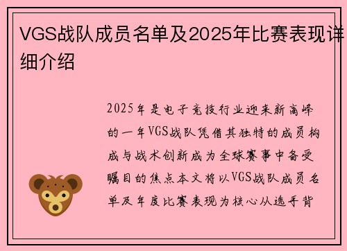 VGS战队成员名单及2025年比赛表现详细介绍
